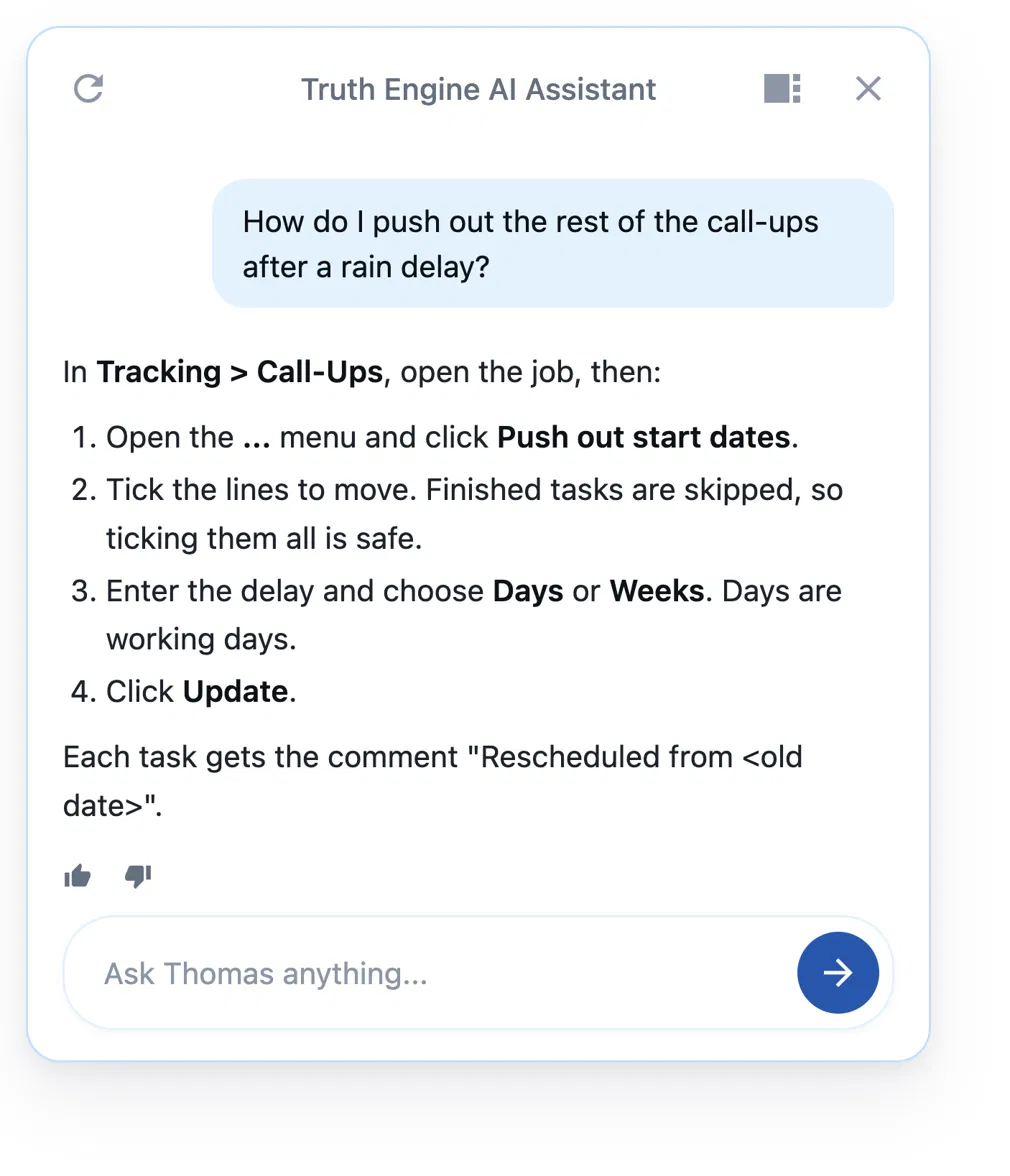 Thomas giving step-by-step instructions to push out call-ups after a rain delay