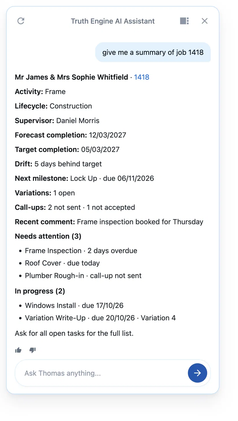 Thomas giving a summary of job 1418: supervisor, completion dates, drift, variations and tasks