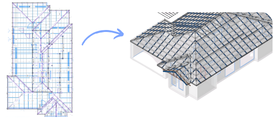 A 2D roof plan converted into a 3D roof frame model for take-off
