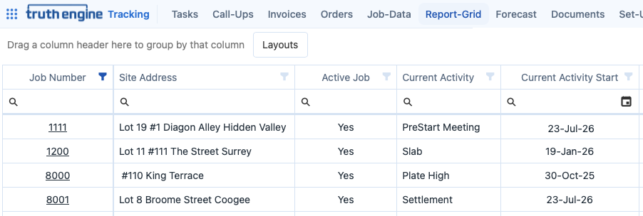Report grid listing jobs with site address, current activity and activity start date in Truth Engine Tracking